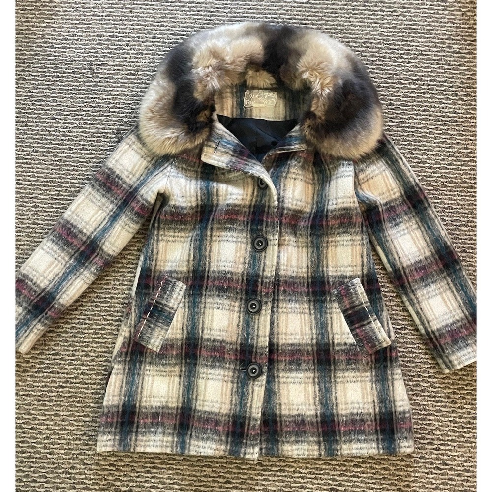 Vintage Plaid Wool Coat w/ Fur Collar Women's Button Front Winter Jacket